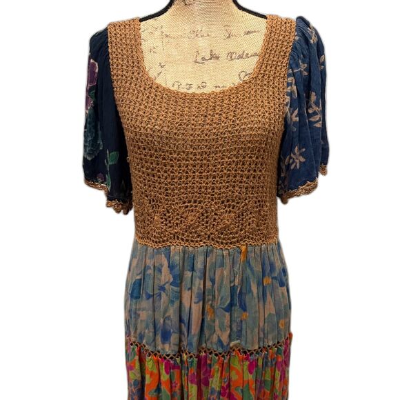 Vintage Raiment Fashions Tiered Maxi Dress Crochet Mixed Prints Boho Size Large‎ - Picture 2 of 5